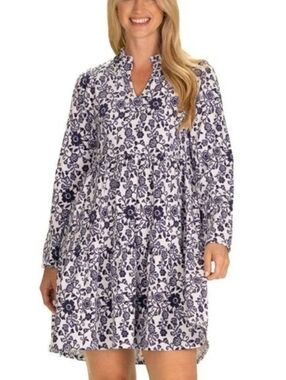 DUFFIELD LANE Fiona Dress Morning Glory Navy Floral Pima Cotton Size Large